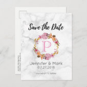 ピンクかわいらしフローラリースモノグラム日付の保存 案内ポストカード (正面/裏面)