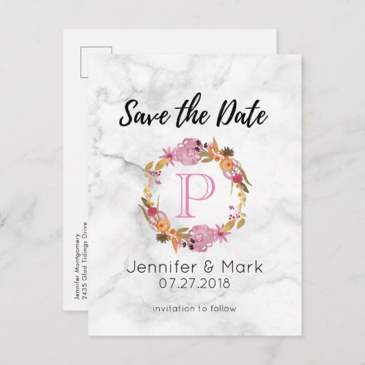 ピンクかわいらしフローラリースモノグラム日付の保存 案内ポストカード (正面/裏面)