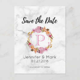 ピンクかわいらしフローラリースモノグラム日付の保存 案内ポストカード