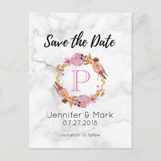 ピンクかわいらしフローラリースモノグラム日付の保存 案内ポストカード (正面)