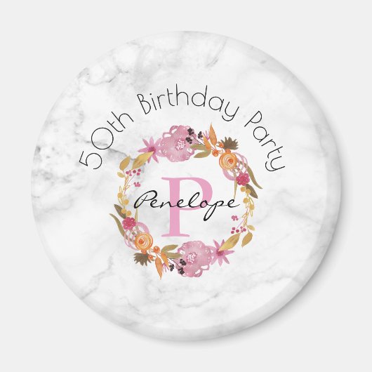 ピンクかわいらしフローラリースモノグラム誕生日 マグネット (正面)