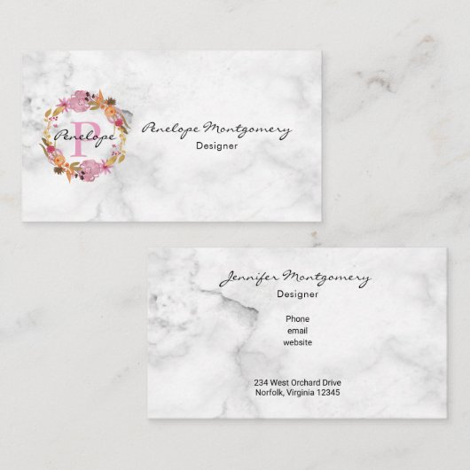 ピンクかわいらしフローラリースモノグラム 名刺 (正面/裏面)