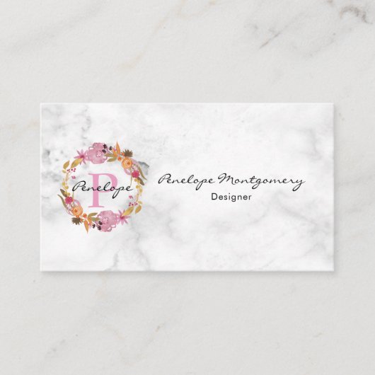 ピンクかわいらしフローラリースモノグラム 名刺 (正面)