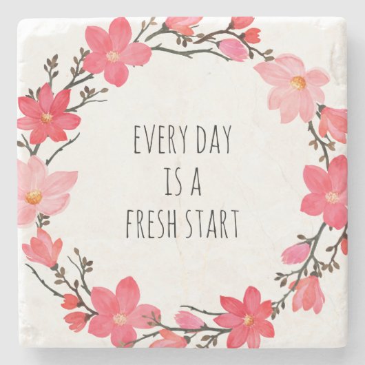 ピンクかわいらしフローラリース前向きタイポグラフィ ストーンコースター (正面)