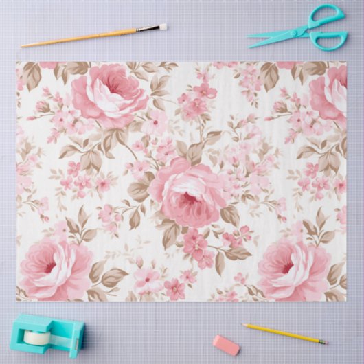 ピンクかわいらしフローラヴィンテージスタイル 薄葉紙 (クラフト)