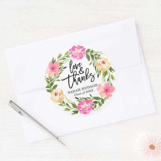 ピンクかわいらしフローラ卒業ありがとうごシール ラウンドシール (封筒)
