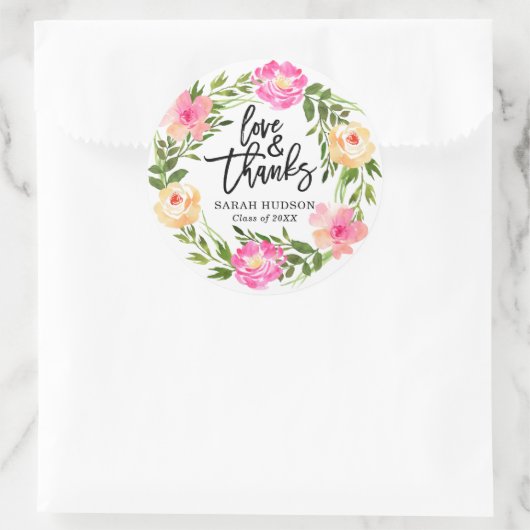 ピンクかわいらしフローラ卒業ありがとうごシール ラウンドシール (バッグ)