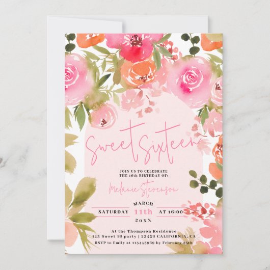 ピンクかわいらしフローラ水色フォトシック甘い16 招待状 (正面)