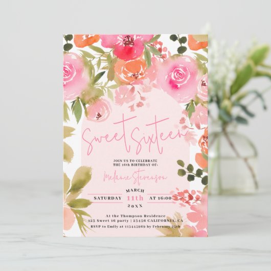 ピンクかわいらしフローラ水色フォトシック甘い16 招待状 (スタンド正面)