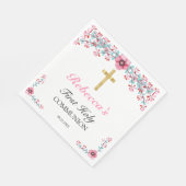 ピンクかわいらしフローラ金ゴールドクロス第1聖餐式 スタンダードランチョンナプキン (角)