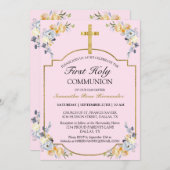 ピンクかわいらしフローラ金ゴールドクロス第1聖餐式 招待状 (正面/裏面)