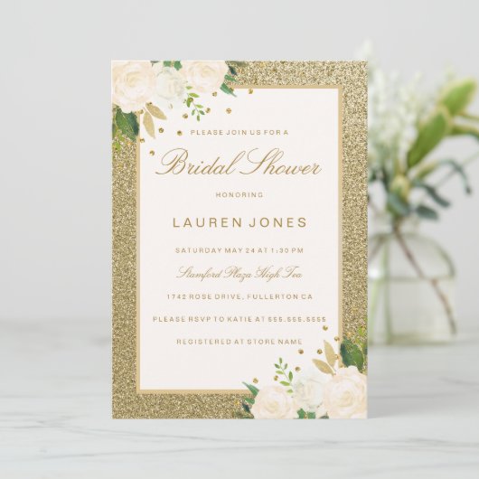 ピンクかわいらしフローラ金ゴールドグリッターブライダルシャワー 招待状 (スタンド正面)