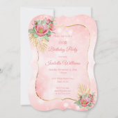ピンクかわいらしフローラ金ゴールドパーム誕生日パーティー 招待状 (正面)