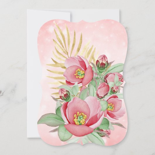 ピンクかわいらしフローラ金ゴールドパーム誕生日パーティー 招待状 (裏面)