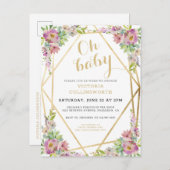 ピンクかわいらしフローラ金ゴールド幾何学的ベビーシャワー インビテーションポストカード (正面/裏面)