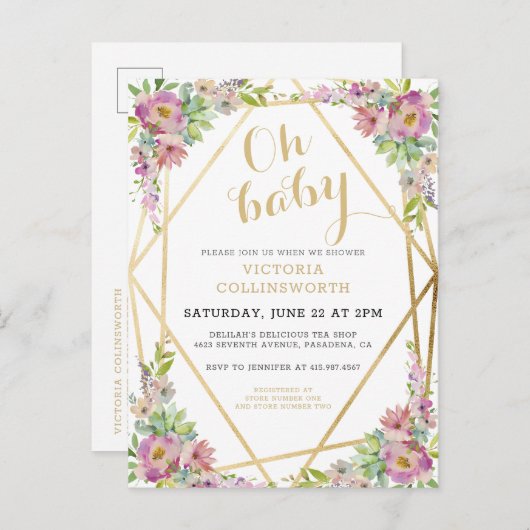 ピンクかわいらしフローラ金ゴールド幾何学的ベビーシャワー インビテーションポストカード (正面/裏面)
