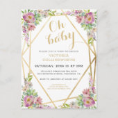 ピンクかわいらしフローラ金ゴールド幾何学的ベビーシャワー インビテーションポストカード (正面)