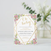ピンクかわいらしフローラ金ゴールド幾何学的ベビーシャワー インビテーションポストカード (スタンド正面)