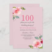 ピンクかわいらしフローラ100th Birthday Partyへの招待 招待状 (正面/裏面)