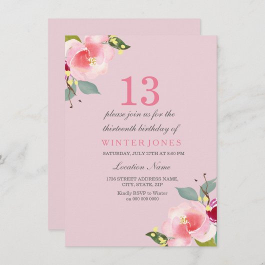 ピンクかわいらしフローラ13th誕生日パーティーへの招待 招待状 (正面/裏面)