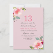 ピンクかわいらしフローラ13th誕生日パーティーへの招待 招待状 (正面)