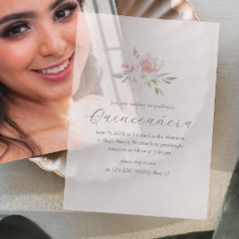 ピンクかわいらしフローラ15年誕生日キンセアニラ ベラム紙招待状