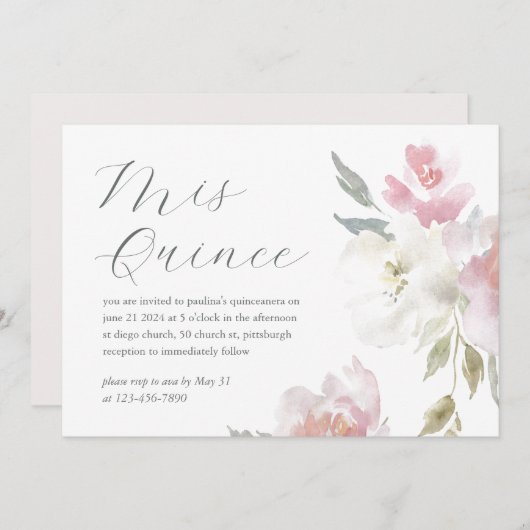 ピンクかわいらしフローラ15年誕生日キンセアニラ 招待状 (正面/裏面)