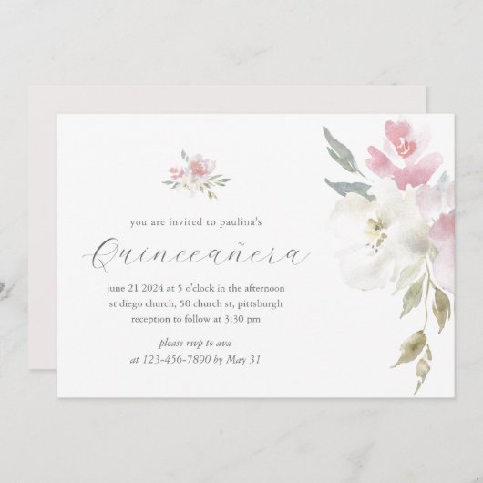 ピンクかわいらしフローラ15年誕生日キンセアニラ 招待状 (正面/裏面)