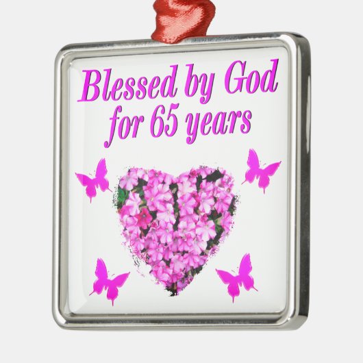 ピンクかわいらしフローラ65番目の誕生日デザイン メタルオーナメント (左)