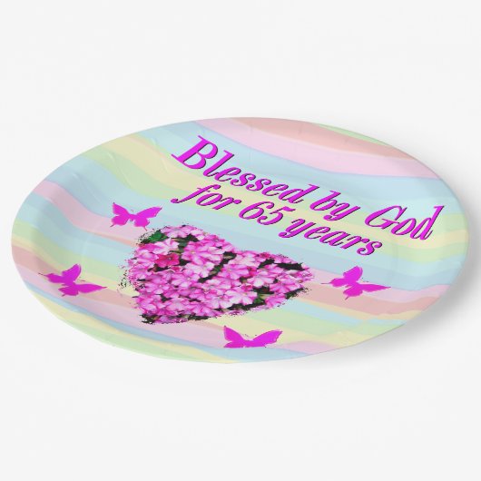 ピンクかわいらしフローラ65番目の誕生日紙プレート ペーパープレート (アングル)