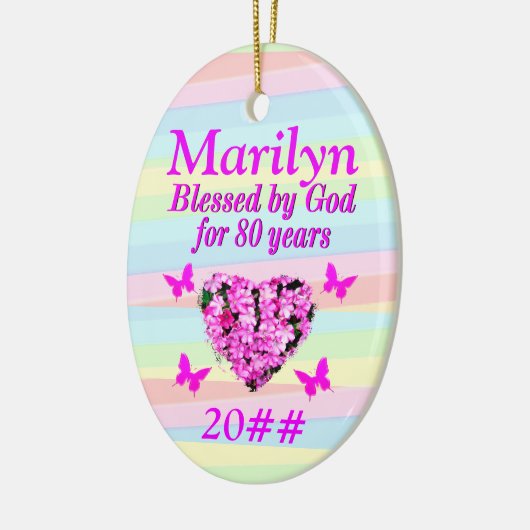 ピンクかわいらしフローラ80番目の誕生日カスタムオーナメント セラミックオーナメント (左)