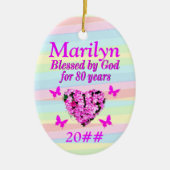 ピンクかわいらしフローラ80番目の誕生日カスタムオーナメント セラミックオーナメント (正面)