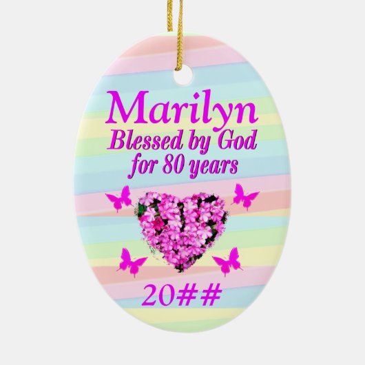 ピンクかわいらしフローラ80番目の誕生日カスタムオーナメント セラミックオーナメント (裏面)