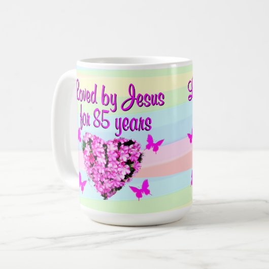 ピンクかわいらしフローラ85番目の誕生日マグカップ コーヒーマグカップ (正面左)