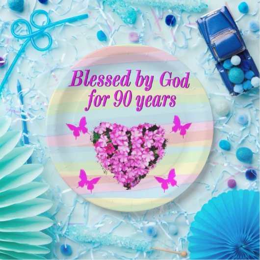 ピンクかわいらしフローラ90番目の誕生日紙プレート ペーパープレート (パーティー)