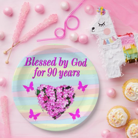 ピンクかわいらしフローラ90番目の誕生日紙プレート ペーパープレート (パーティー)