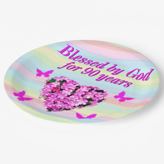 ピンクかわいらしフローラ90番目の誕生日紙プレート ペーパープレート (アングル)