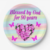 ピンクかわいらしフローラ90番目の誕生日紙プレート ペーパープレート (正面)