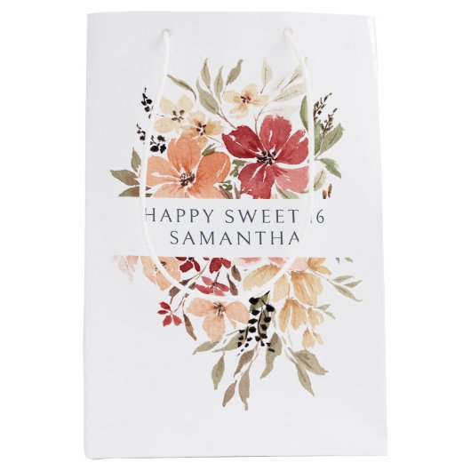 ピンクかわいらしフローラ |パーソナライズされた誕生日 ミディアムペーパーバッグ (正面)