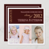 ピンクかわいらしブラウン写真大学卒業パーティー 招待状 (正面/裏面)