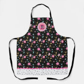 ピンクかわいらしブラックフローラモノグラムオールオーバープリント エプロン (正面)