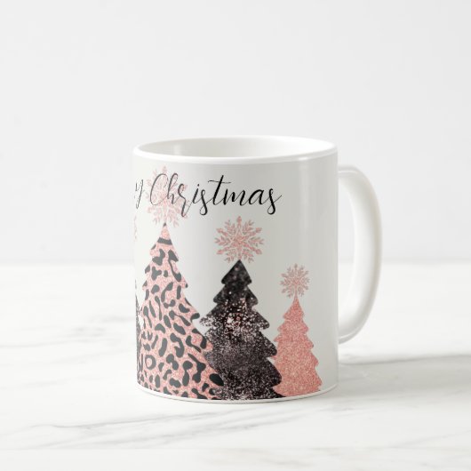 ピンクかわいらしブラックメリークリスマスツリーズホリデー コーヒーマグカップ (正面右)