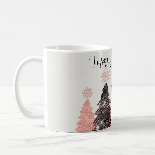 ピンクかわいらしブラックメリークリスマスツリーズホリデー コーヒーマグカップ (左)