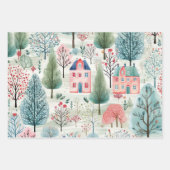 ピンクかわいらしブルーグリーンビレッジツリーズ ラッピングペーパーシート (正面3)