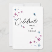 ピンクかわいらしブルーバタフライ結婚ズ 招待状 (正面)