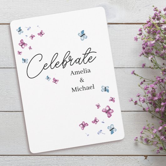 ピンクかわいらしブルーバタフライ結婚ズ 招待状