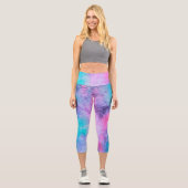 ピンクかわいらしブルーパープルサルティ水彩画 カプリレギンス (正面)