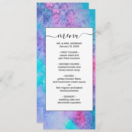 ピンクかわいらしブルーパープルサルティ水彩画 メニュー (正面/裏面)