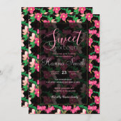 ピンクかわいらしブロッサムフラワーズ絵を描ブラックデザイン  招待状 (正面/裏面)