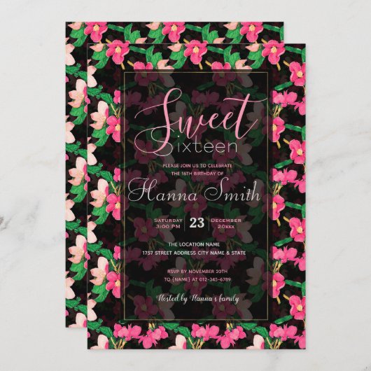 ピンクかわいらしブロッサムフラワーズ絵を描ブラックデザイン  招待状 (正面/裏面)